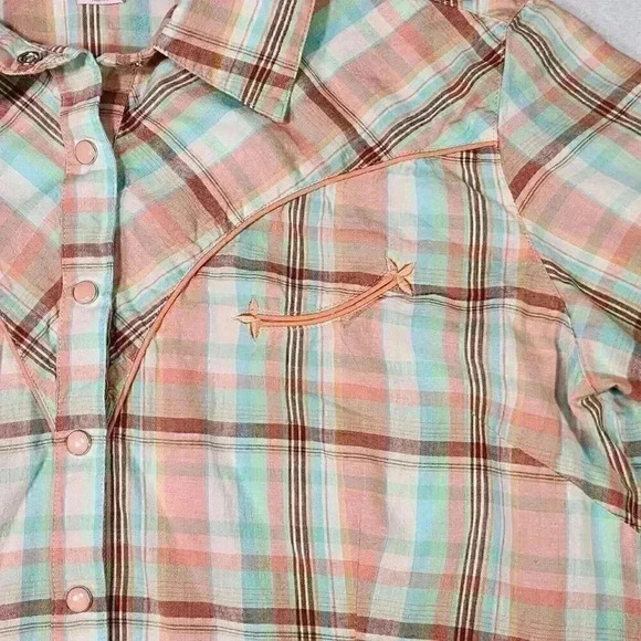 PINK Cattlelac Women's Western Short Sleeve L Peach Plaid Snaps Cowgirl Rodeo‎ - Picture 4 of 15
